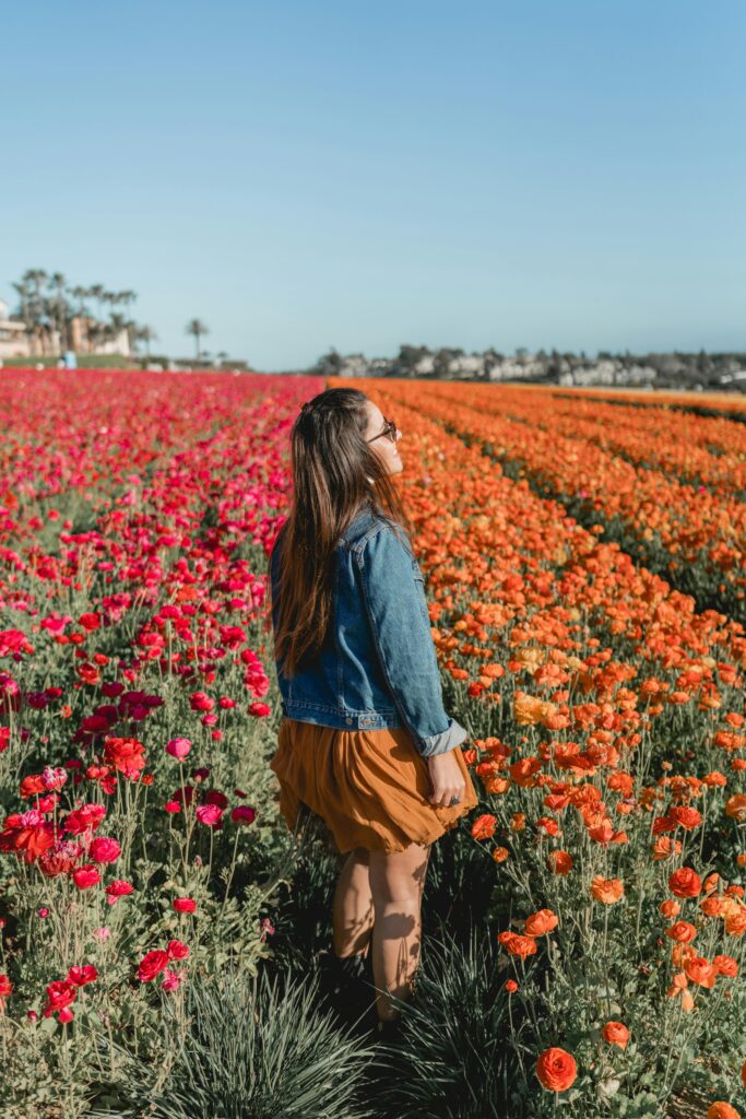 A woman in a denim jacket stands amid vibrant blooming flowers outdoors.