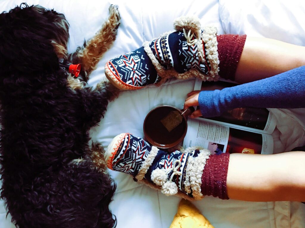 Enjoy a peaceful moment with a book, tea, and a furry friend. Perfect cozy setup.
